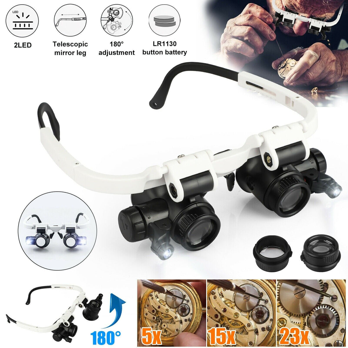 Headband Magnifying Visor with LED Light – 4 Interchangeable Lenses for Close-Up Work, Jewelry Repair, Crafts & Electronics | Thomler