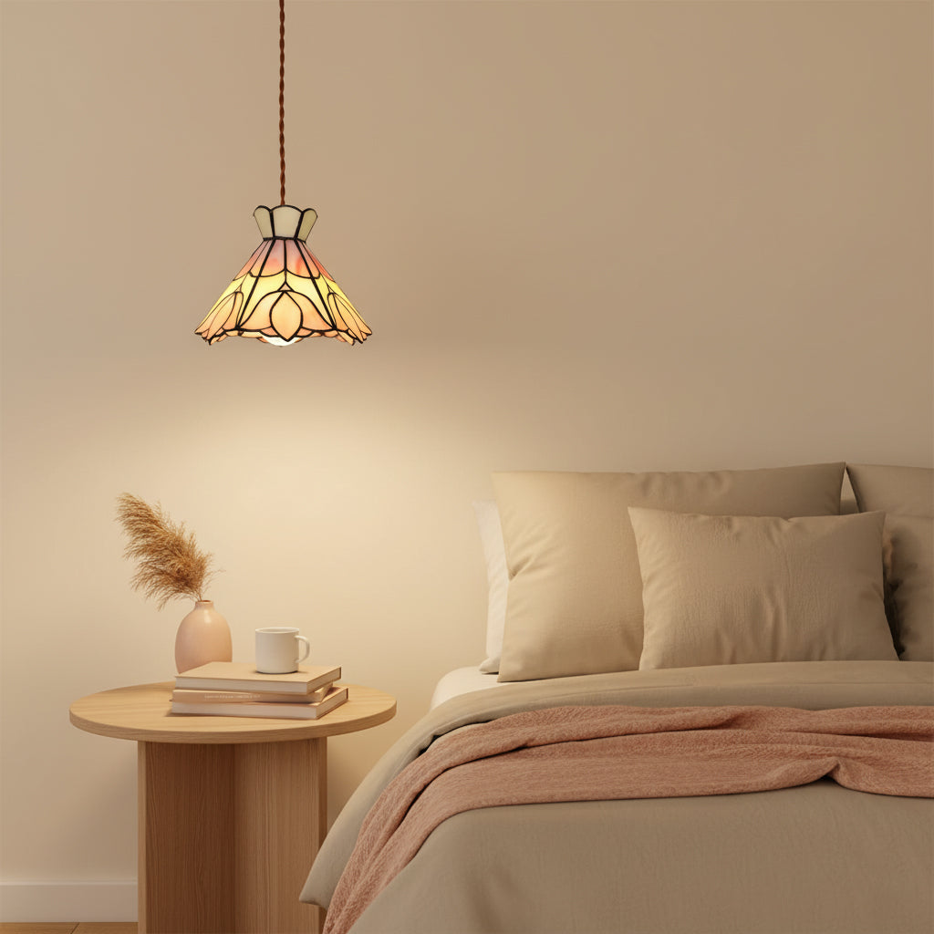 Pendant Light Stained Glass 7.8 in Pink Beige Floral Dining Room Hanging Lamp Decorative Ceiling Fixture | Thomler