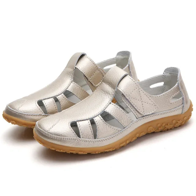 Women's Leather Sandals with Hook-and-Loop Straps & Cushioned Footbed | Summer Walking Shoes with Adjustable Fit | Thomler
