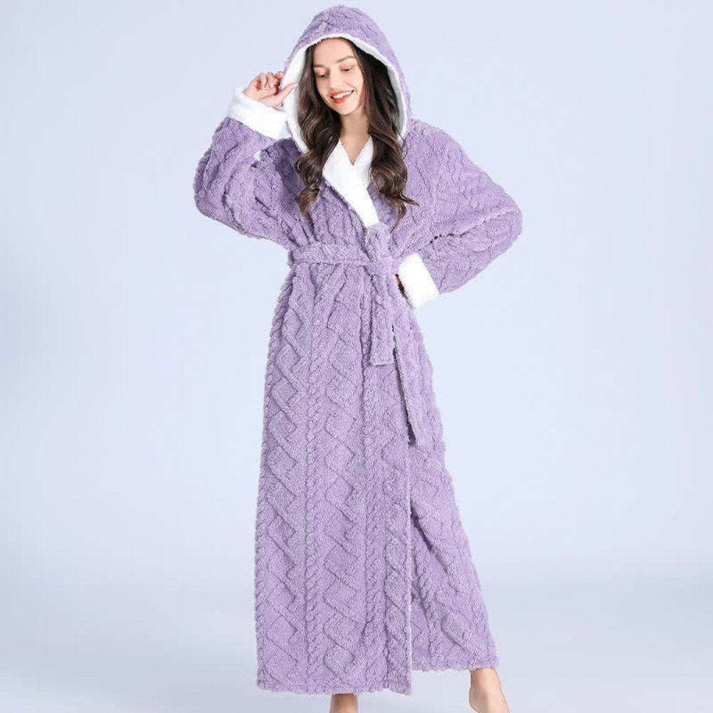 Women's Hooded Fleece Bath Robe with Pockets Long Soft Loungewear for Home & Spa Gray Pink Purple Green Winter Wrap | Thomler