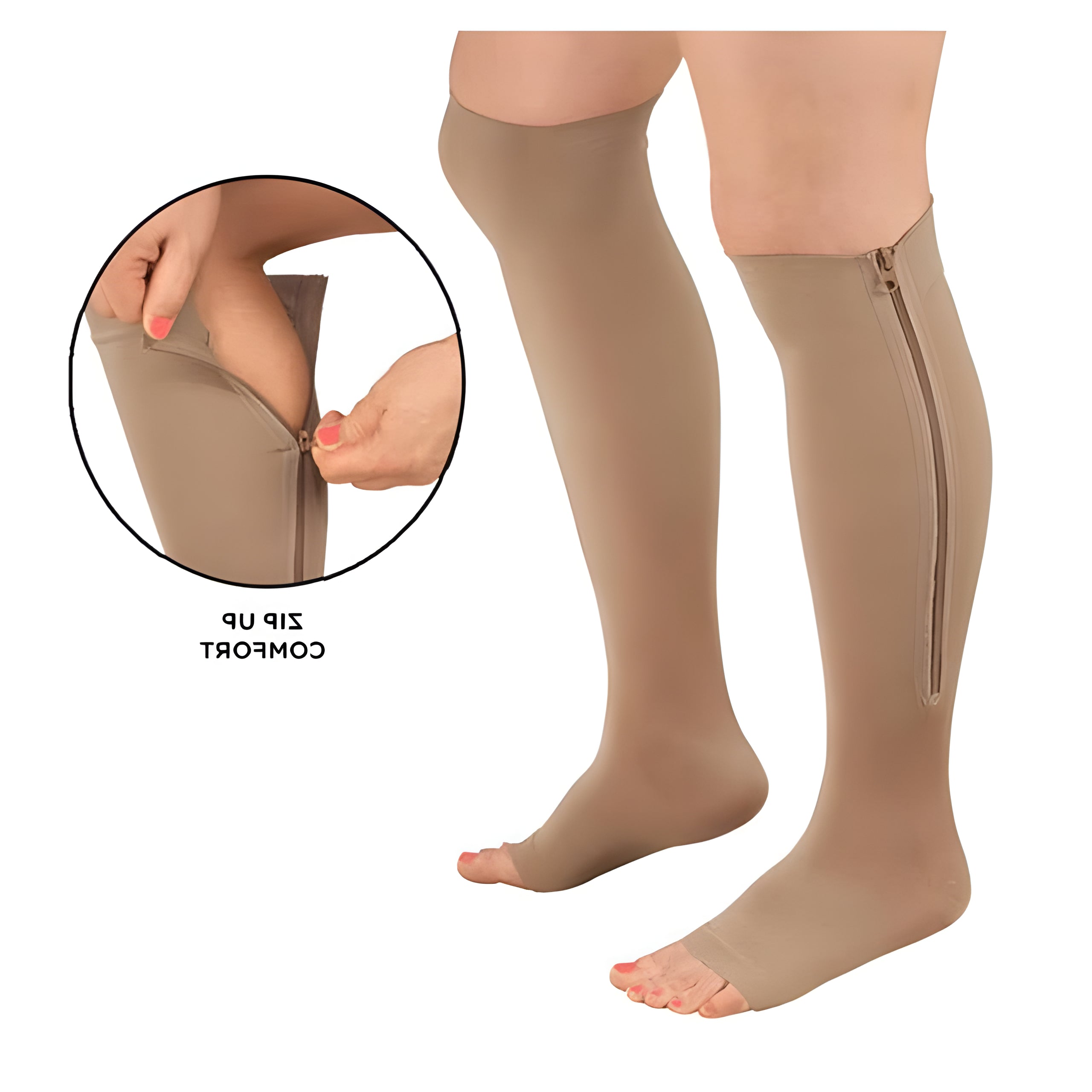 Open-Toe Knee-High Compression Socks with Side Zipper for Men & Women | Firm 20-30 mmHg Leg Support Stockings for Circulation, Swelling & Va | Thomler