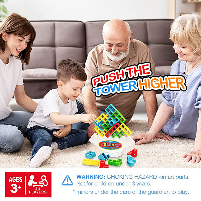 Wooden Stacking Tower Game for Kids - Tumbling Block Balance Challenge with Colorful Tetris Shapes for Toddlers & Children Ages 3+ | Thomler