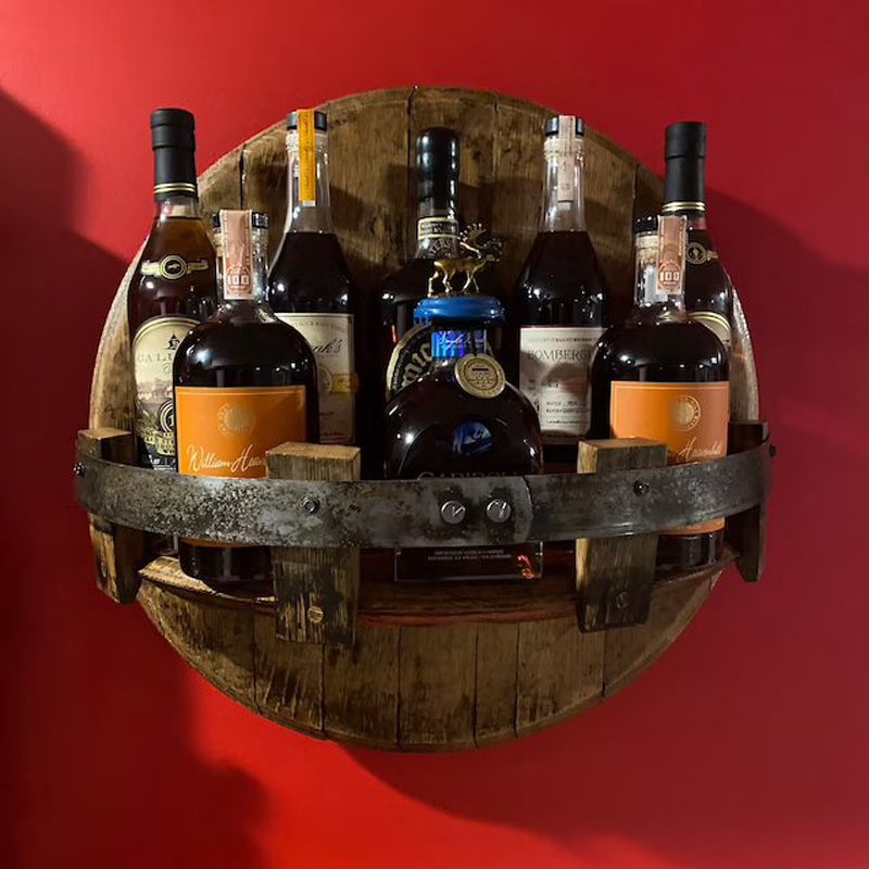 Round Barrel Wall Shelf – Solid Wood Floating Display for Bottles & Decor – Rustic Storage for Home Bar, Kitchen & Living Room | Thomler