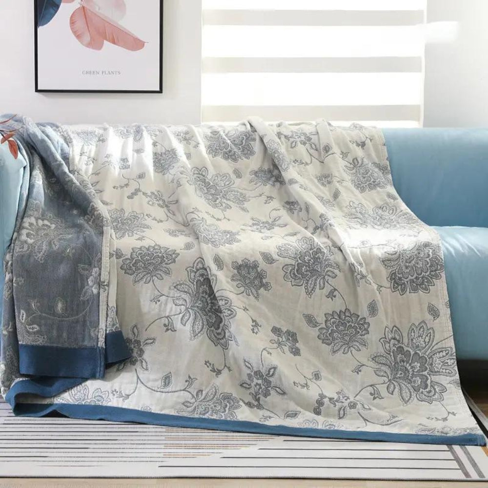 Lightweight Cotton Gauze Throw Blanket with Floral Design for Year-Round Comfort, Breathable Bedding for Bedroom, Sofa, or Guest Room | Thomler