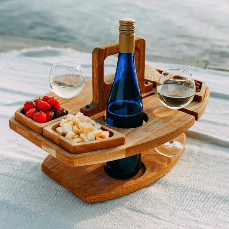Portable Wooden Wine Table for Picnics – Holds Bottle, Glasses & Snacks for Outdoor Dining, Beach Trips, Garden Parties | Thomler