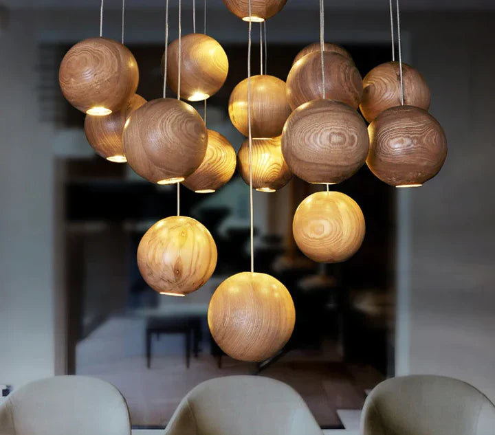 Natural Wood Sphere Pendant Light | Modern Globe Drop Ceiling Lamp for Kitchen Island, Dining Room, Living Room & Restaurant | Adjustable | Thomler
