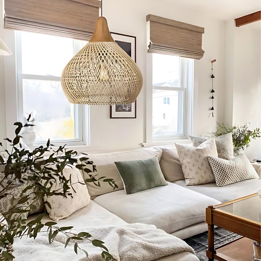 Pendant Light Rattan 19.7 in Handwoven Natural Dining Room Kitchen Island Hanging Ceiling Lamp Boho Rustic Organic | Thomler