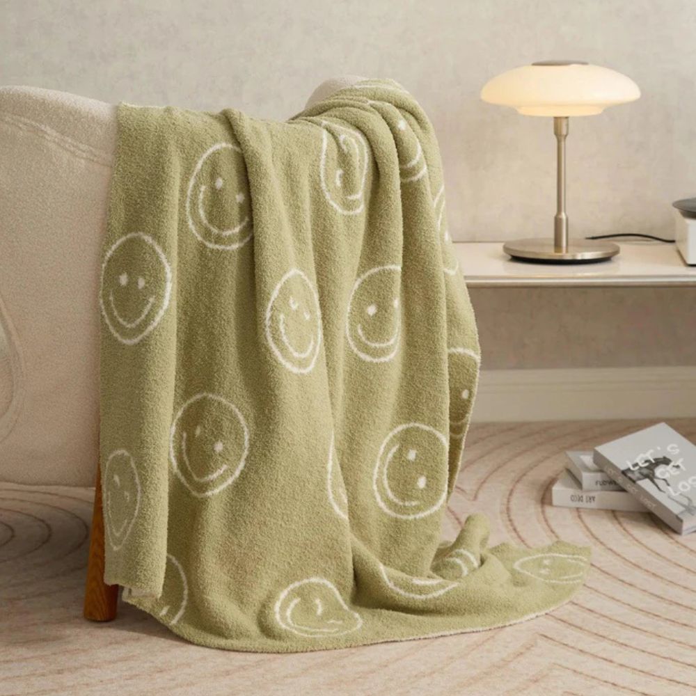 Cheerful Emoji Throw Blanket – Soft Knit Accent for Couch or Bed – Yellow Happy Face Design | Thomler