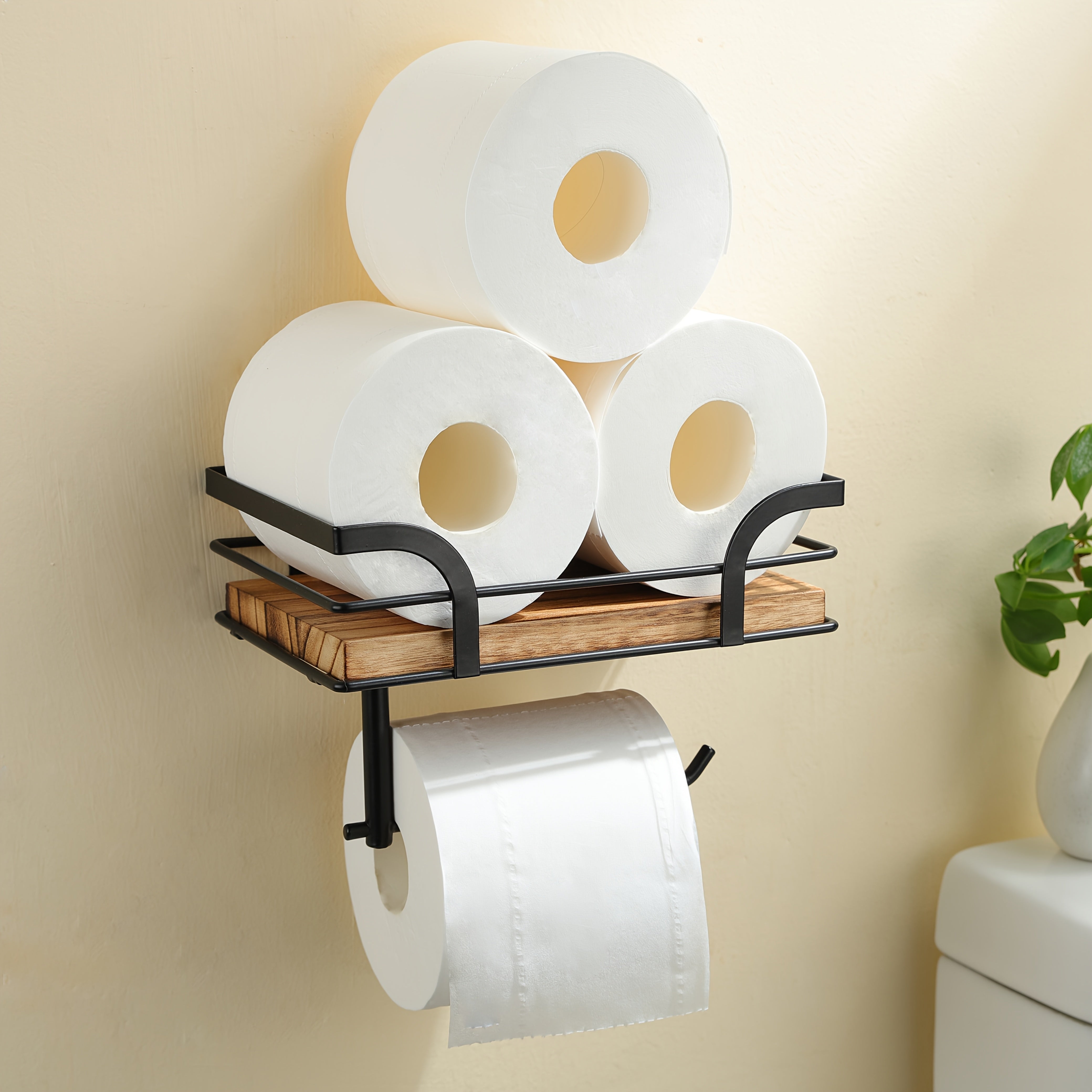 Toilet Roll Holder Wrought Iron Wood Shelf 20.0 cm Bathroom Storage Wall Mounted Organiser Industrial Toilet Shelf Rack | Thomler