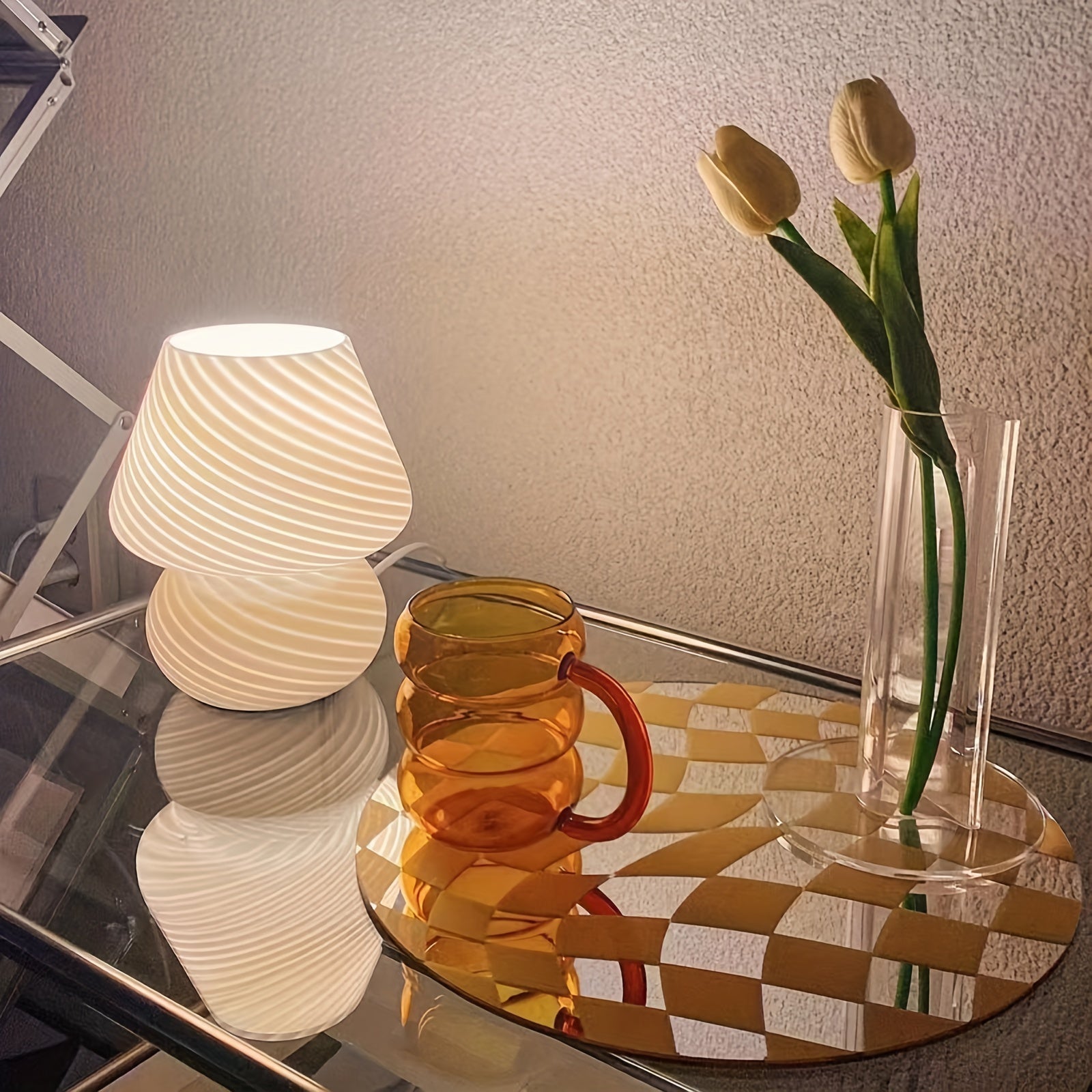 Hand-Blown Glass Mushroom Table Lamp USB Dimmable LED Bedside Light Retro Swirl Accent Lighting for Bedroom Living Room Desk | Thomler