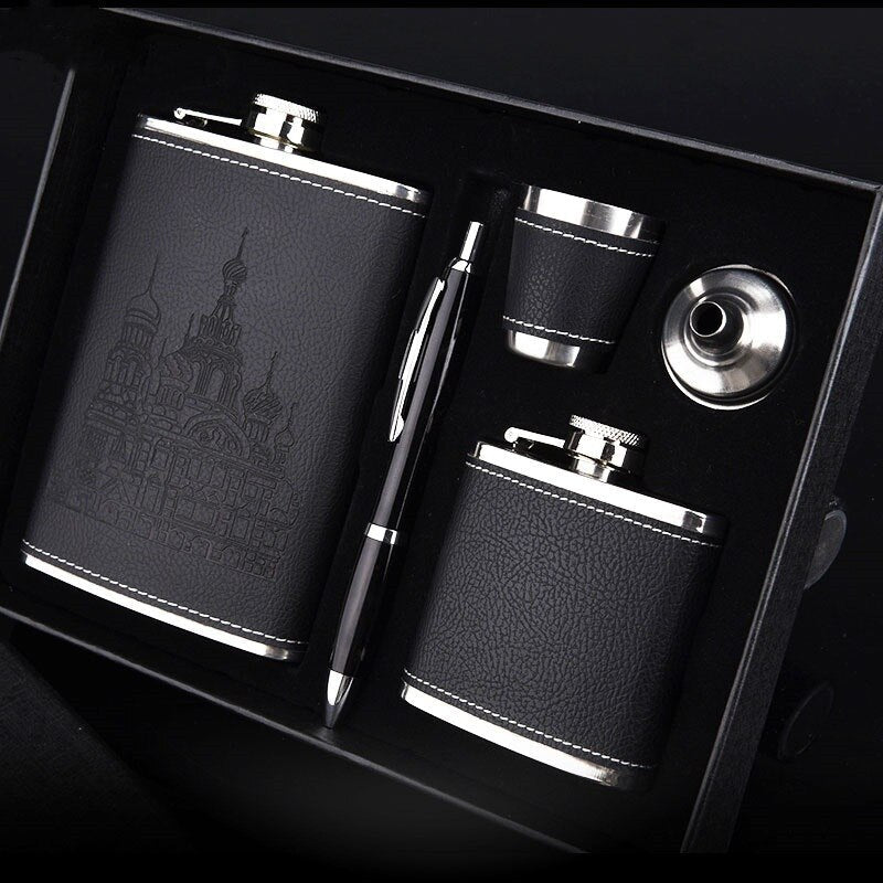 Stainless Steel Hip Flask Gift Set with Leather Wrap Whisky Cognac Travel | Thomler