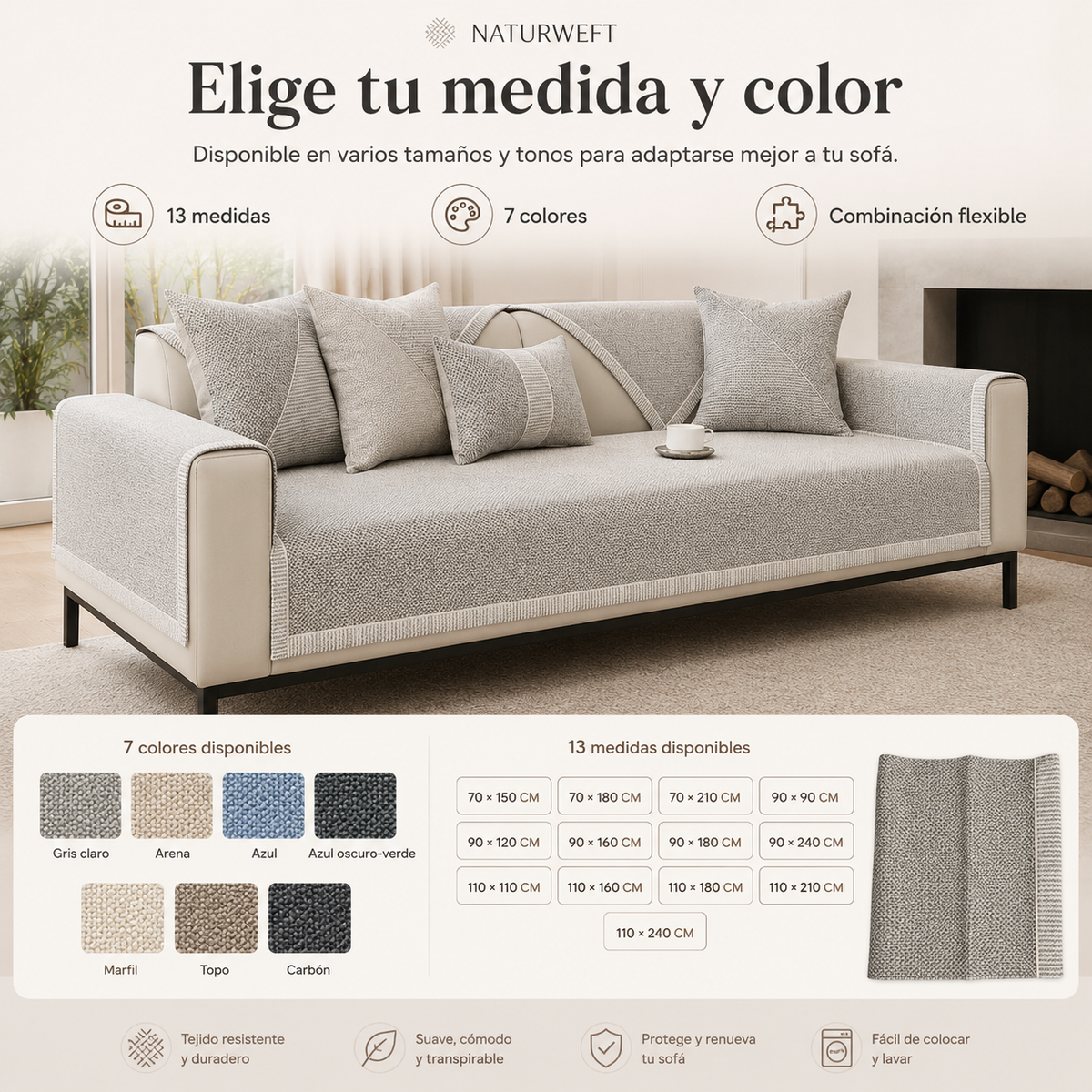 Quilted Stay-Put Furniture Throw with Latex Grip – Mix-and-Match Protection for Couch Seats, Backs & Arms | Thomler