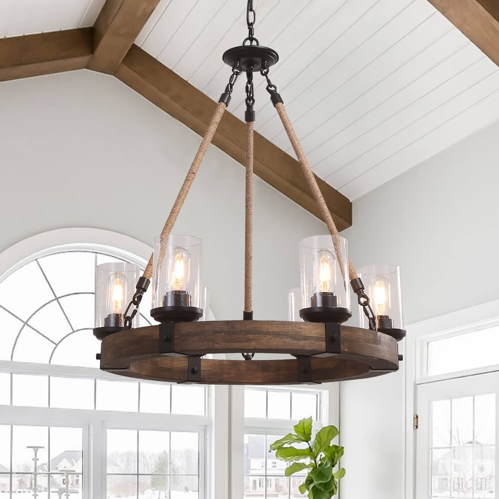 Rustic Circular Chandelier 6-Bulb Hemp Rope Pendant Brown Wood Ring Seeded Glass Shades Farmhouse Dining Room Entryway Hardwired Ceiling | Thomler