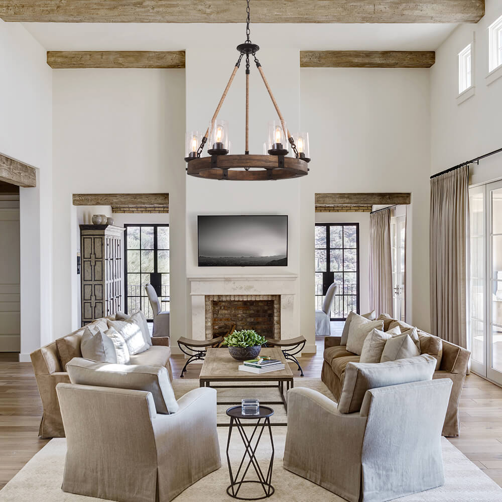 Rustic Circular Chandelier 6-Bulb Hemp Rope Pendant Brown Wood Ring Seeded Glass Shades Farmhouse Dining Room Entryway Hardwired Ceiling | Thomler