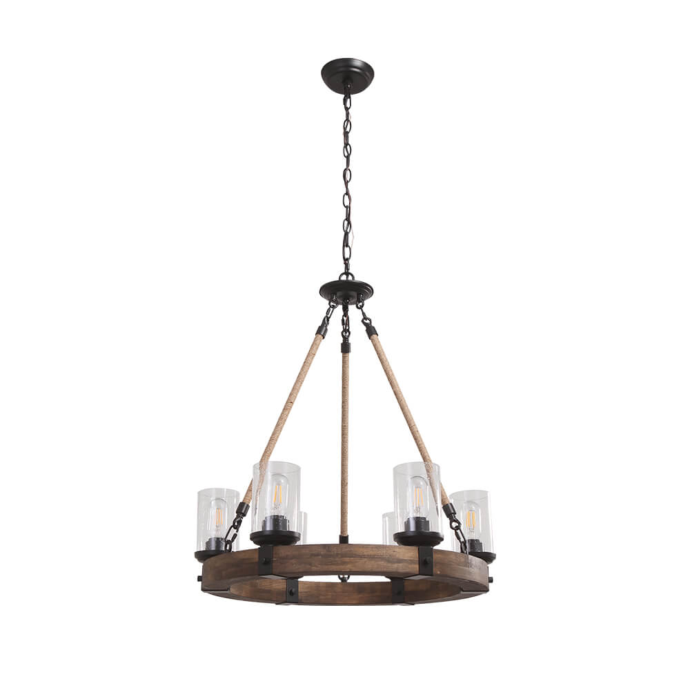 Rustic Circular Chandelier 6-Bulb Hemp Rope Pendant Brown Wood Ring Seeded Glass Shades Farmhouse Dining Room Entryway Hardwired Ceiling | Thomler