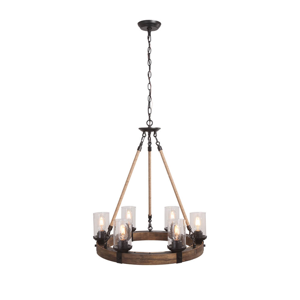 Rustic Circular Chandelier 6-Bulb Hemp Rope Pendant Brown Wood Ring Seeded Glass Shades Farmhouse Dining Room Entryway Hardwired Ceiling | Thomler