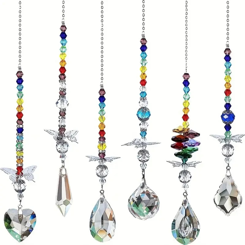 Crystal Rainbow Suncatcher with Butterfly Accents – Set of 6 Window Prism Ornaments for Light Display & Home Decor – Indoor Outdoor | Thomler