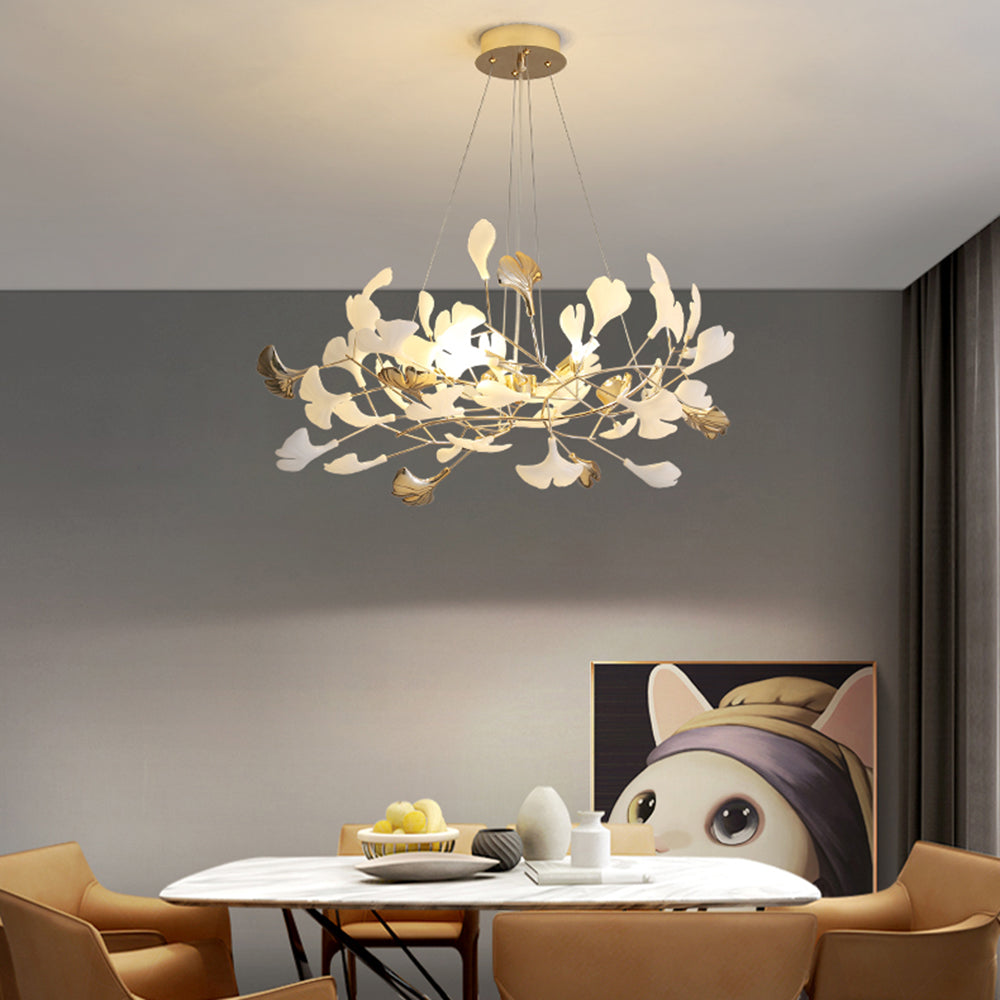 Ceramic Leaf Cluster Pendant Light with Adjustable Cord – Gold Metal Frame Multi-Bulb Chandelier for Dining Room, Living Room & Bedroom | Thomler