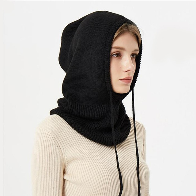 Hooded Knit Hat with Drawstring Adjustable Fit Cold Weather Headwear for Women Fall Season Accessory | Thomler