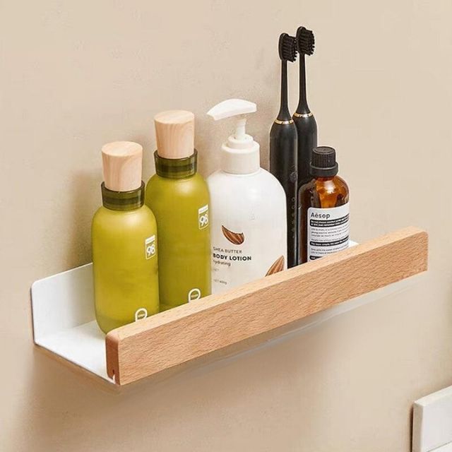 Wall Shelf Solid Wood Drill Free Bathroom Kitchen Storage Organiser Self Adhesive Space Saving Rack Minimalist Wall Mounted | Thomler