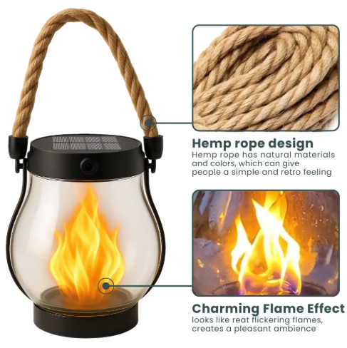 Rechargeable Portable Lantern with Hemp Handle for Patio, Camping & Indoor Ambience — Smart Auto-On Sensor, Type-C USB Charging, Compact 4.7 | Thomler