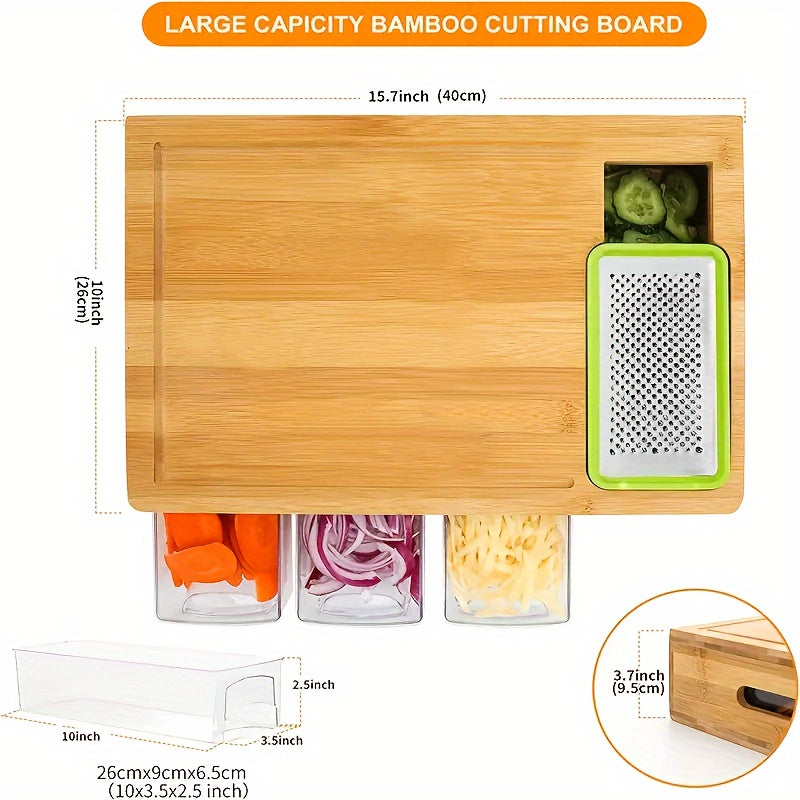 Bamboo Chopping Board with Slide-Out Prep Trays & 4-Piece Grater Set – All-in-One Food Prep Station for Home Kitchens | Thomler