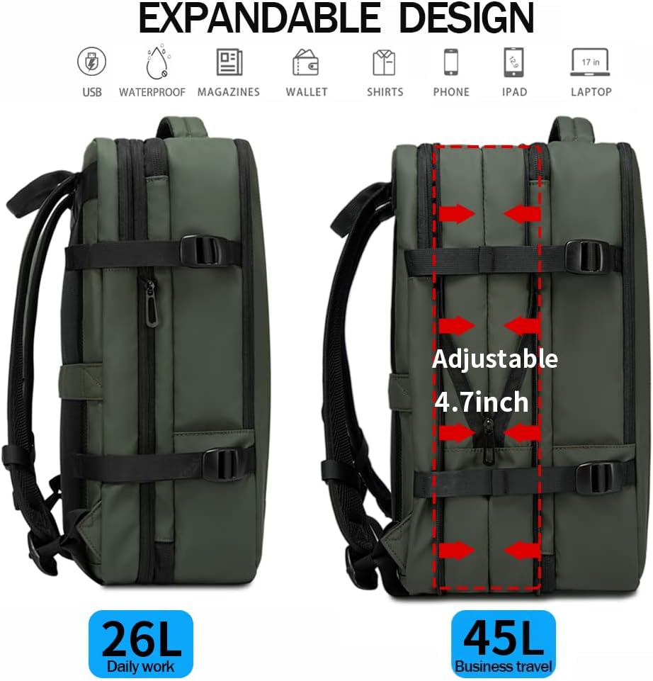 Convertible Carry-On Backpack with Laptop Compartment | Water-Resistant Travel Bag with Duffle Mode | Fits 17-Inch Laptop | Security Pocket | Thomler
