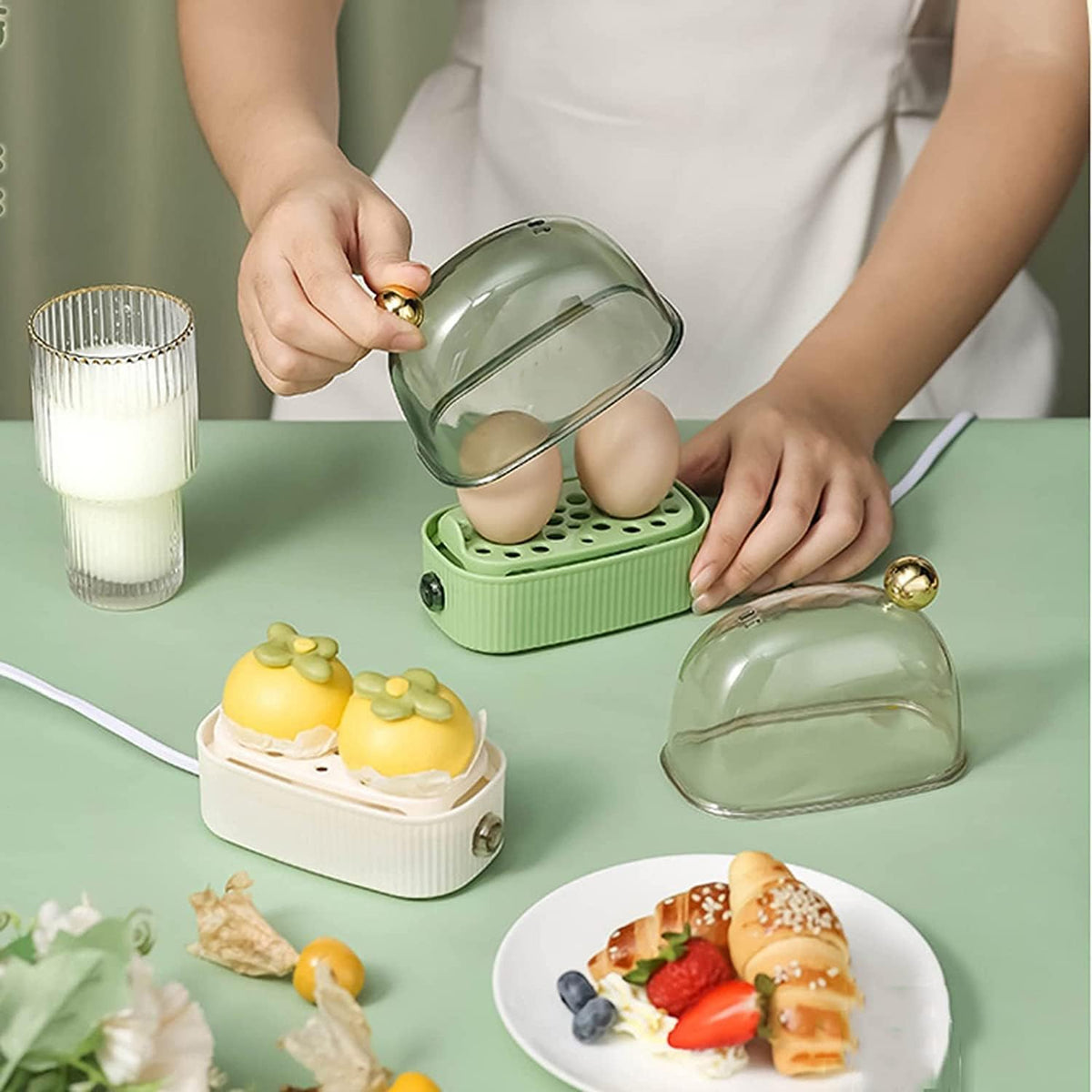 Electric Egg Cooker - Automatic 2-Egg Steamer with Auto Shutoff for Soft, Medium & Hard Boiled Eggs, Poached Eggs & Vegetables | Thomler