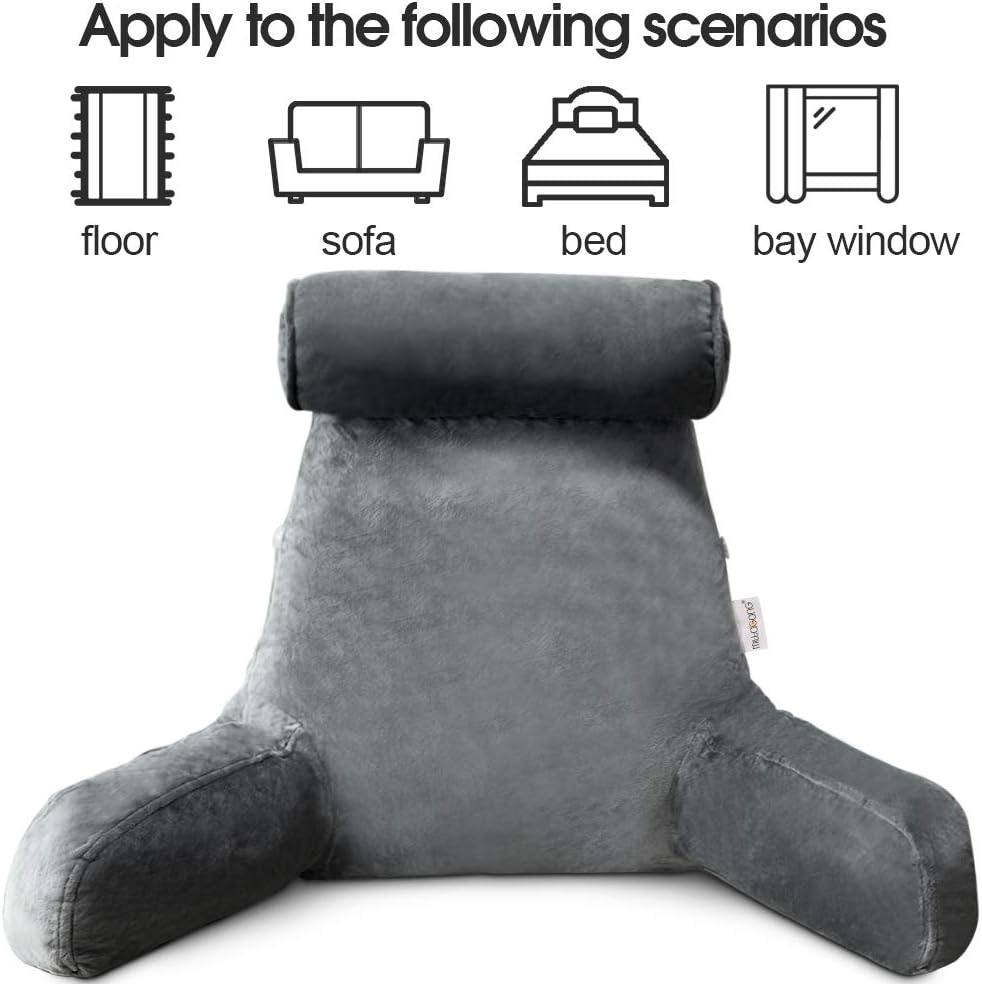 Backrest Cushion with Armrests for Lounging in Bed – Lumbar Support Pillow for TV & Books – Machine Washable Cover, Side Pocket | Thomler