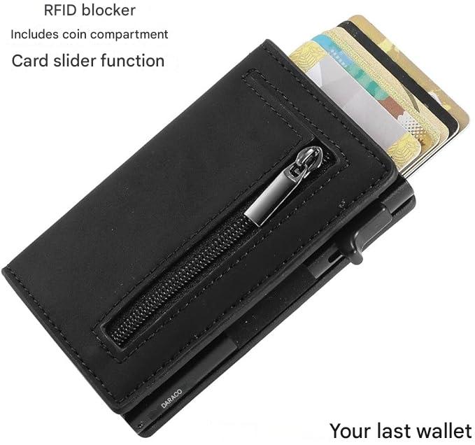RFID-Blocking Slim Wallet with Quick-Access Card Slide for Men & Women, Genuine Leather & Aluminum Construction with Coin Pocket | Thomler