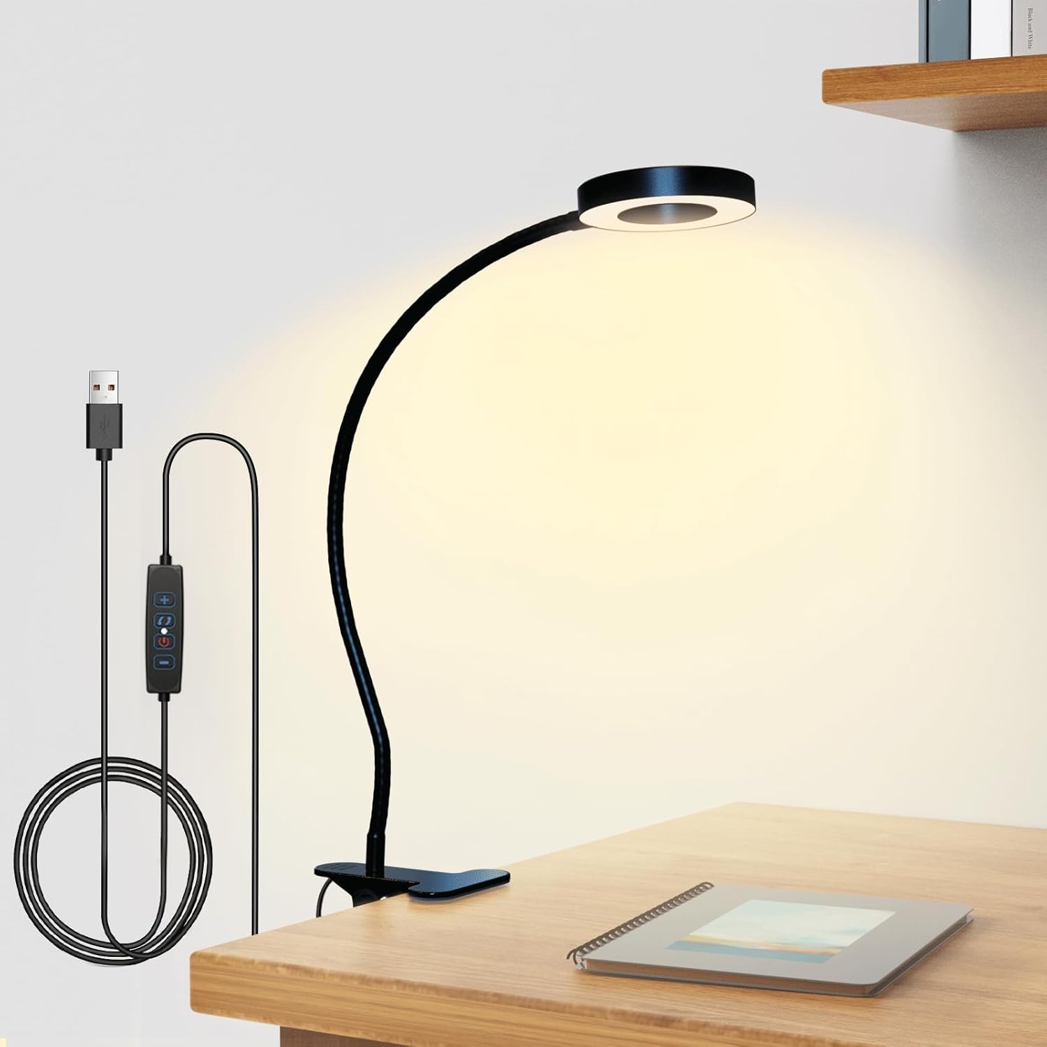 48-LED Clip-On Reading Light with Flexible Gooseneck and 3 Color Modes – Dimmable USB Desk Lamp for Books, Nightstand, Home Office | Thomler