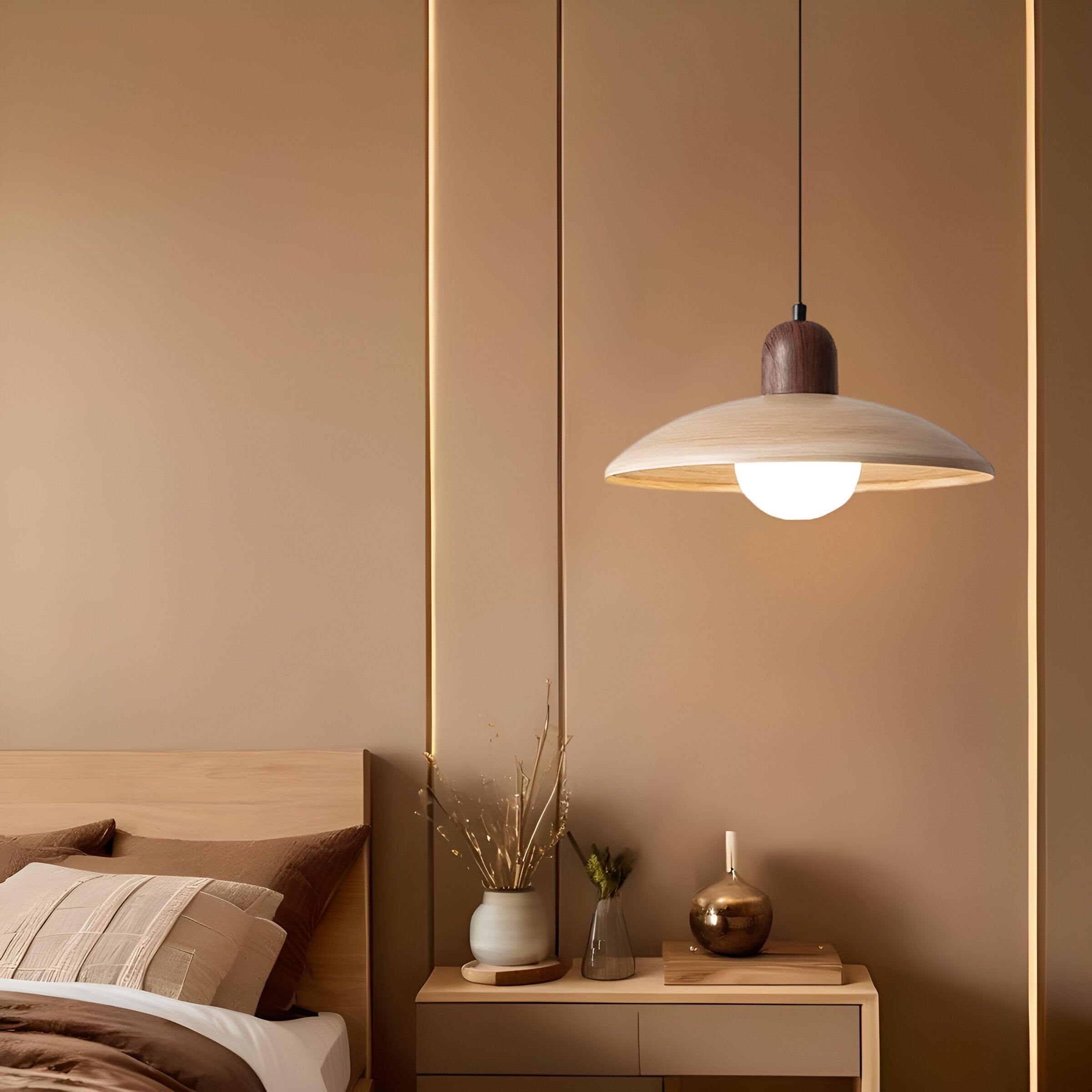 Pendant Light Wood Dome 11.8 in Walnut Dining Room Kitchen Island Hanging Ceiling Lamp Minimalist Japandi Style | Thomler