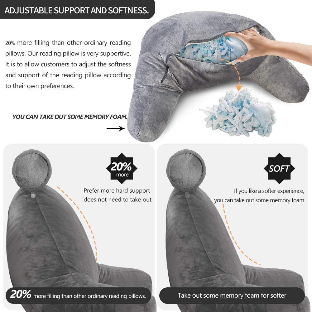 Backrest Cushion with Armrests for Lounging in Bed – Lumbar Support Pillow for TV & Books – Machine Washable Cover, Side Pocket | Thomler