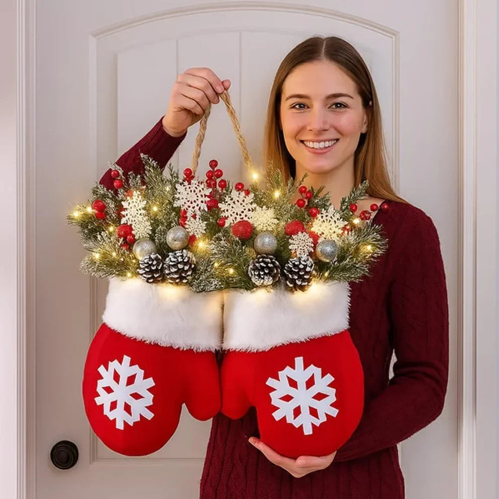 Illuminated Holiday Mitten Door & Stair Decoration with Pine & Berries | Thomler