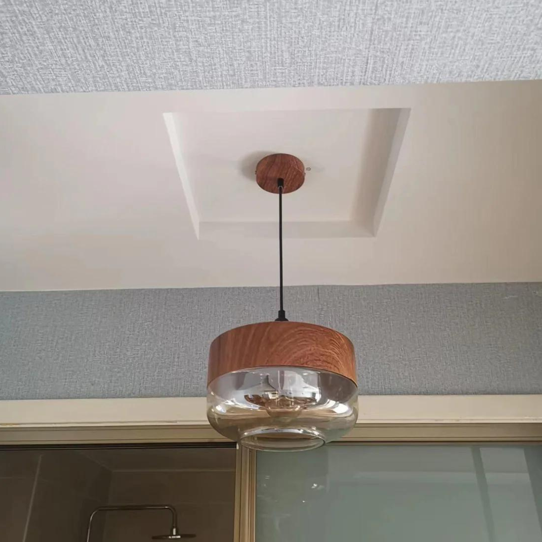 Glass Pendant Light with Wood-Look Metal – Scandinavian Hanging Fixture for Dining Room, Bedroom & Living Room | Thomler