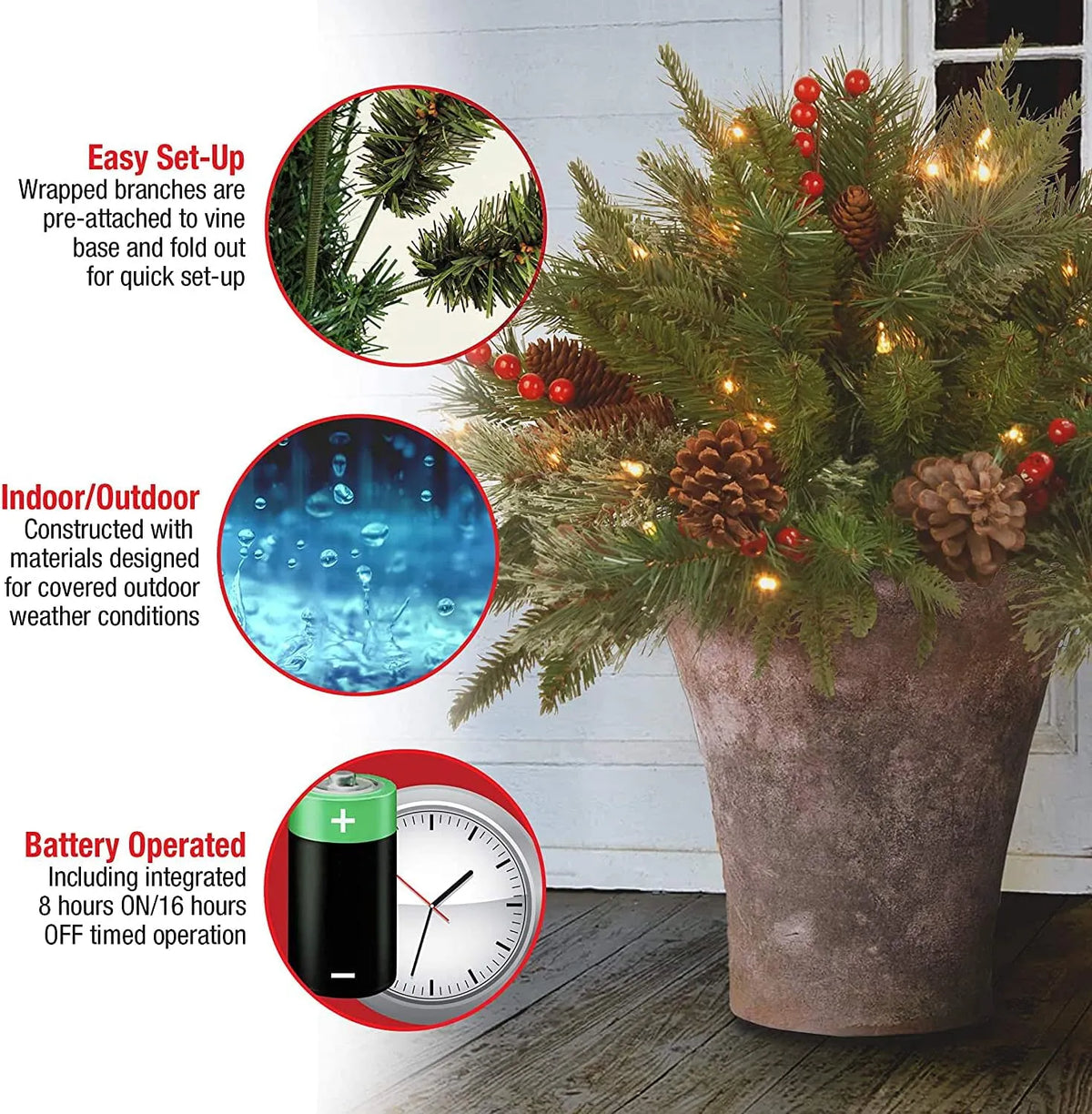 Battery-Powered LED Christmas Urn Filler with Timer – Frosted Pine Tips, Berries & Pinecones for Entryway Display | Thomler