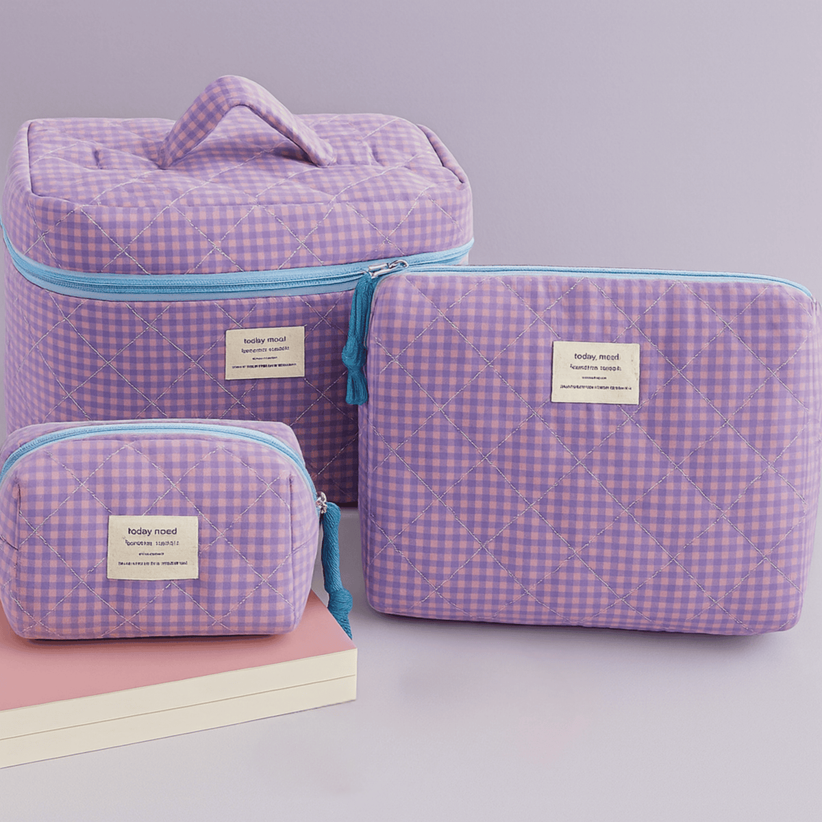 Padded Travel Makeup Organizer Trio with Lattice Quilting and Zipper Closure for Cosmetics, Toiletries & Skincare | Thomler