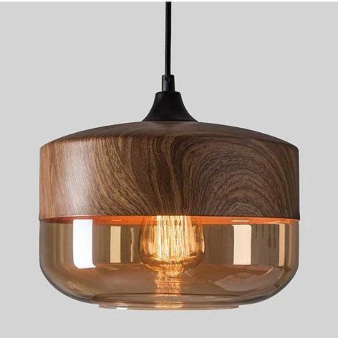 Glass Pendant Light with Wood-Look Metal – Scandinavian Hanging Fixture for Dining Room, Bedroom & Living Room | Thomler