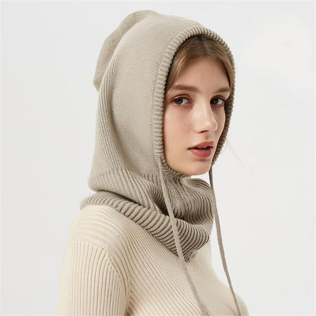 Hooded Knit Hat with Drawstring Adjustable Fit Cold Weather Headwear for Women Fall Season Accessory | Thomler
