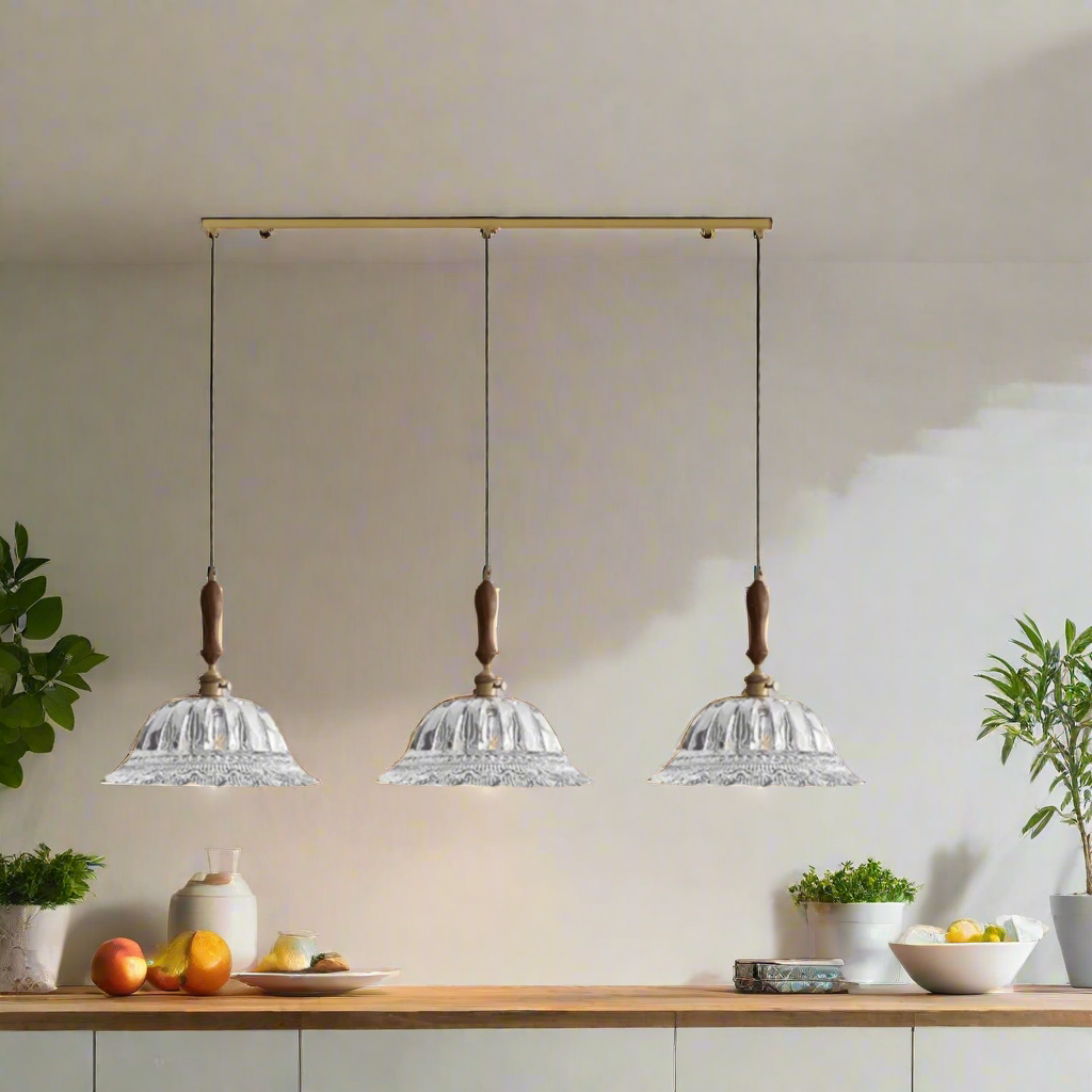 Walnut Wood & Brass Ceiling Fixture with Frosted Globe – Farmhouse Dining Room Overhead Lighting – Adjustable Drop Chandelier | Thomler