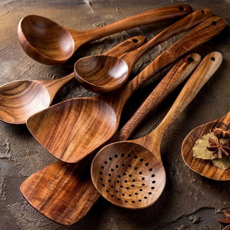 7-Piece Wooden Cooking Utensil Set – Heat-Safe Nonstick Kitchen Tools for Everyday Meals | Thomler