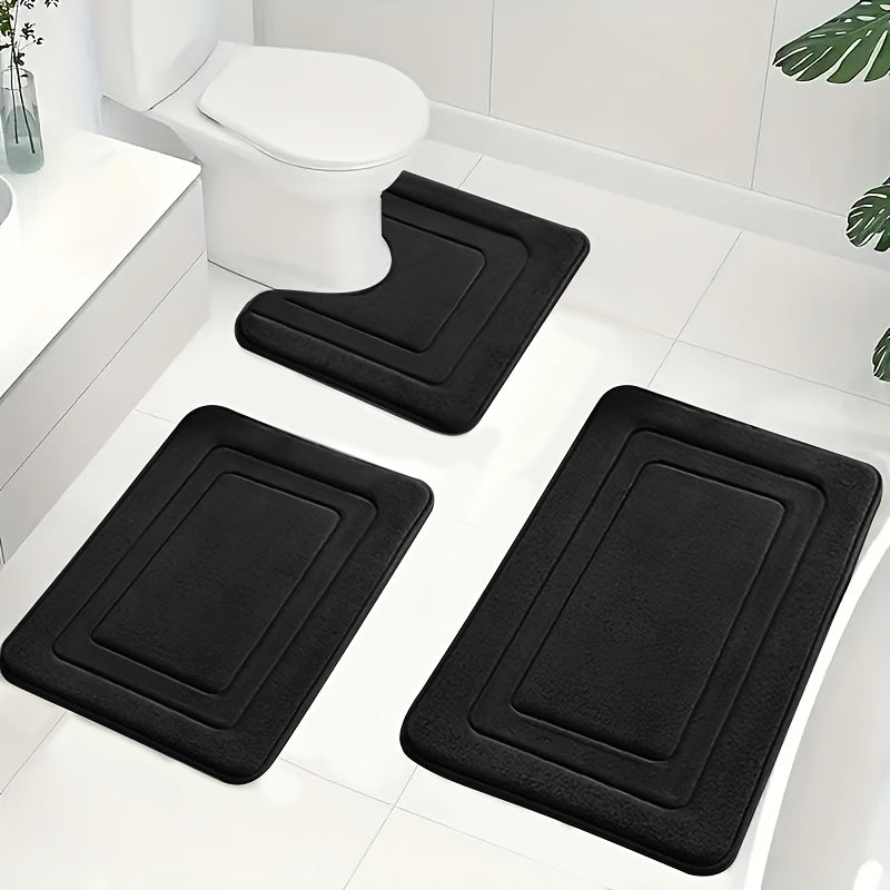 Memory Foam Bath Mat Set 3-Piece Non-Slip Absorbent Bathroom Rugs with U-Shape Toilet Mat Plush Microfiber Surface Contour Mats for Shower | Thomler