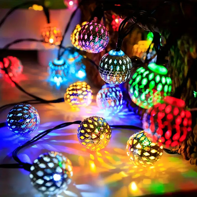 Moroccan Metal Globe String Lights Solar Powered Outdoor Patio Decor 20-30 Warm White LED Orbs Bohemian Weatherproof Garden Balcony | Thomler
