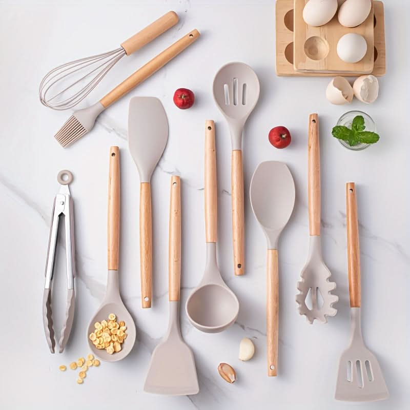 12-Piece Silicone Kitchen Utensil Set with Wooden Handles – Heat Resistant to 446°F, Dishwasher Safe, BPA-Free Cooking Tools | Thomler