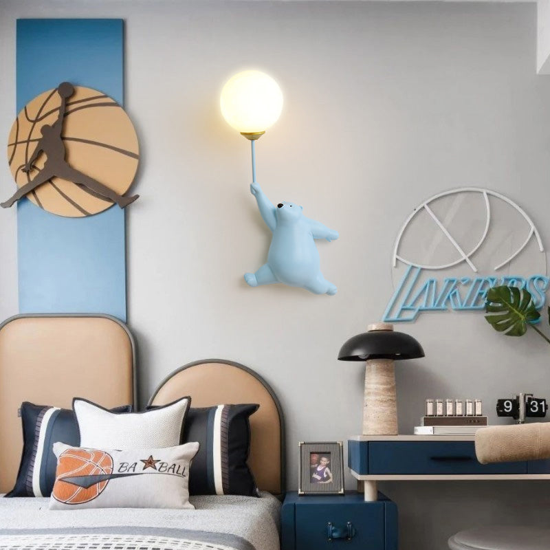 Bear with Balloon Wall Sconce Light for Kids Room Nursery Bedroom Playroom Resin Animal Design Accent Lighting White Blue Pink | Thomler
