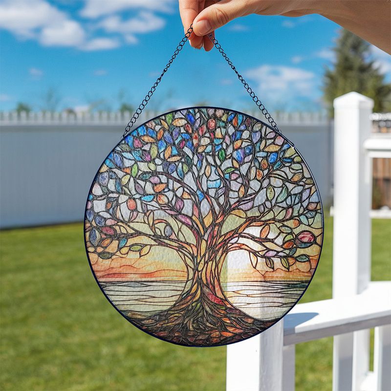 Stained Glass Tree of Life Sun Catcher Window Ornament for Home & Garden – Handcrafted Rainbow Light Prism Hanging Decor | Thomler