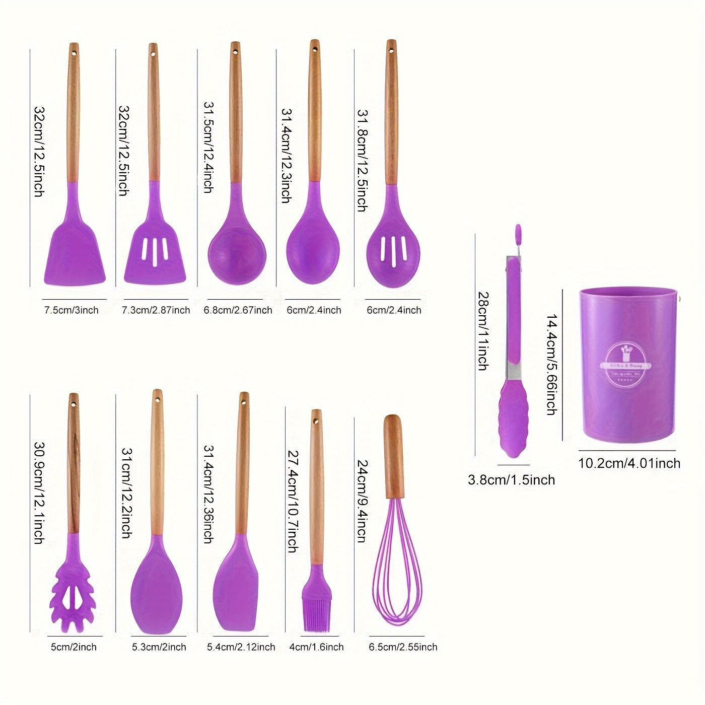 12-Piece Silicone Cooking Utensil Set with Wood Handles Heat Resistant Kitchen Tools for Nonstick Cookware Home Chef Spatula Spoon Whisk | Thomler