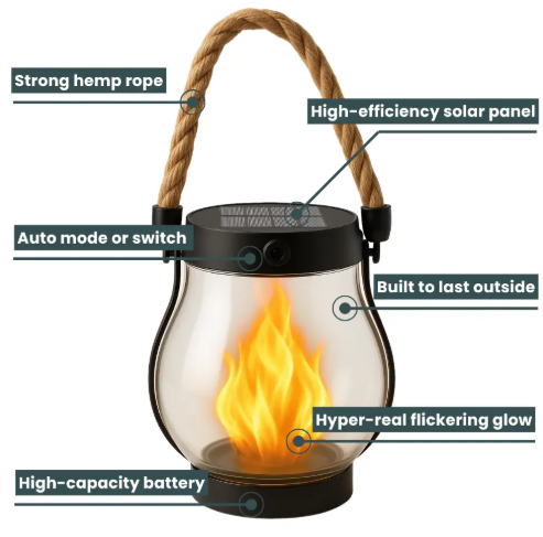 Rechargeable Portable Lantern with Hemp Handle for Patio, Camping & Indoor Ambience — Smart Auto-On Sensor, Type-C USB Charging, Compact 4.7 | Thomler