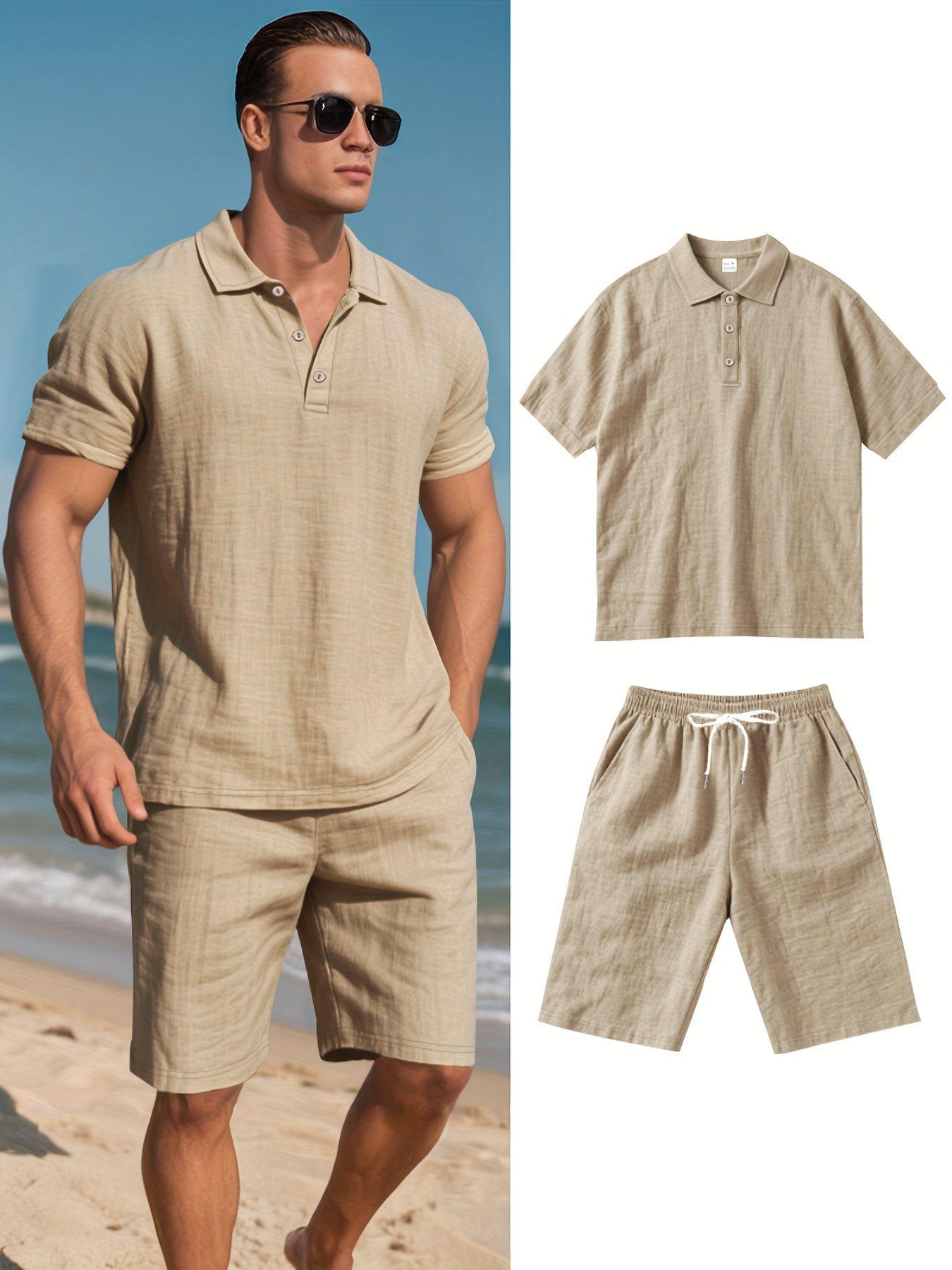 Men's Short-Sleeve Polo & Shorts Linen Set Summer Two-Piece Outfit Lightweight Breathable Casual Wear for Warm Weather | Thomler