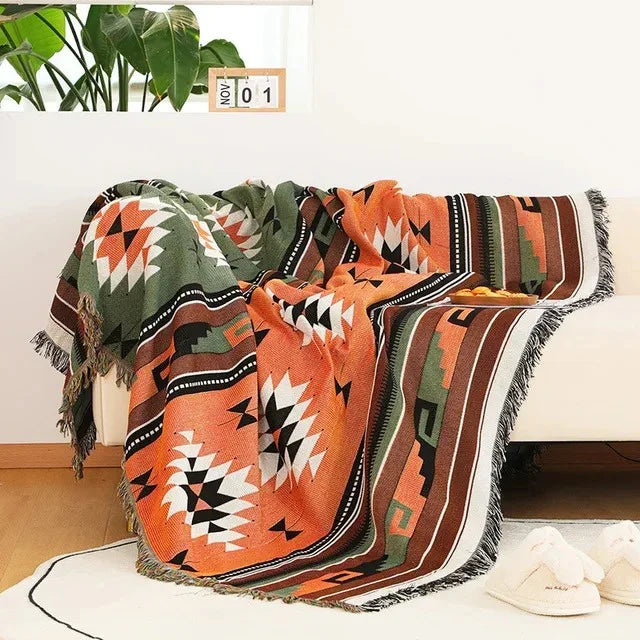 Throw Blanket Cotton Polyester Jacquard Weave Multicolour Sofa Bed Decorative Fringed Bohemian Living Room Accent Cover | Thomler